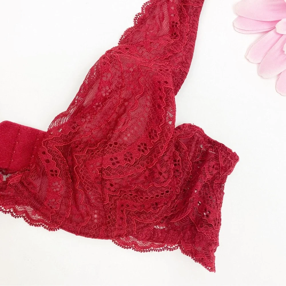 Intimately Free People Deep V Plunge Lace Underwire Bra: Crimson Red Burgundy
